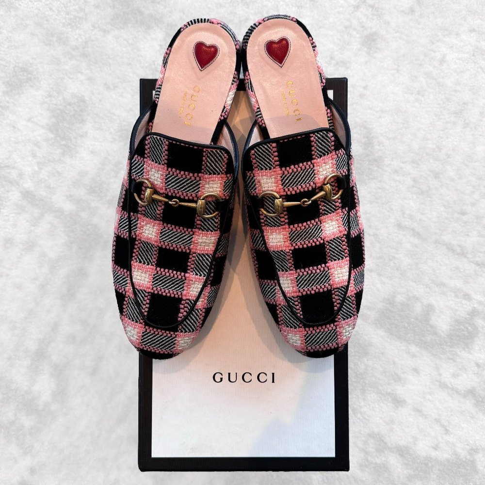 Gucci Princetown Fancy Tweed Damier Black & Pink Mule